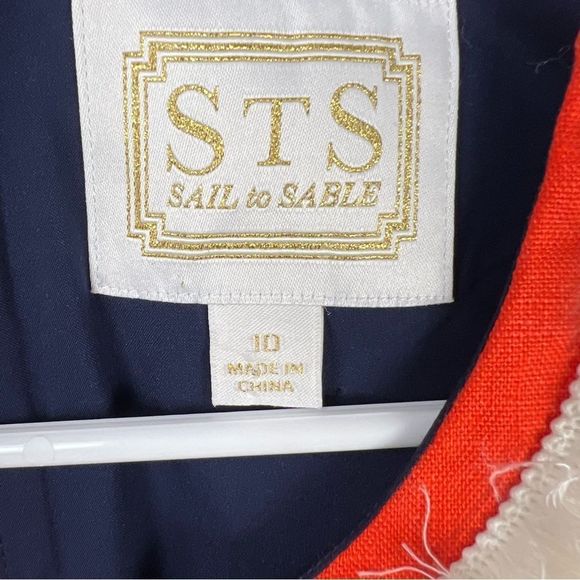 Sail to Sable Raw Trim Details Blue Red Linen Dress Size 10 - Picture 3 of 12